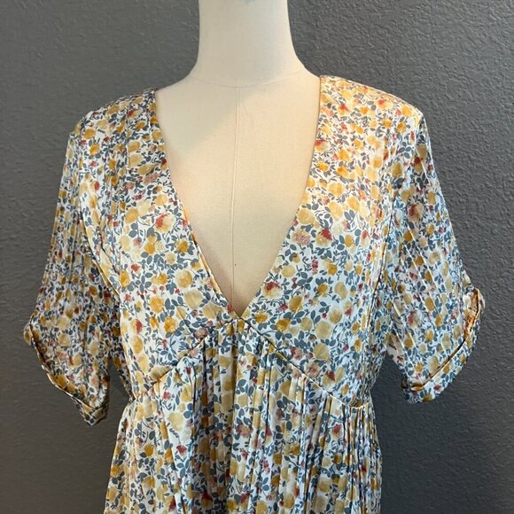 LULUS EXPRESS YOURSELF Butter Yellow Floral Print Satin Babydoll Mini Dress - M - Picture 8 of 12